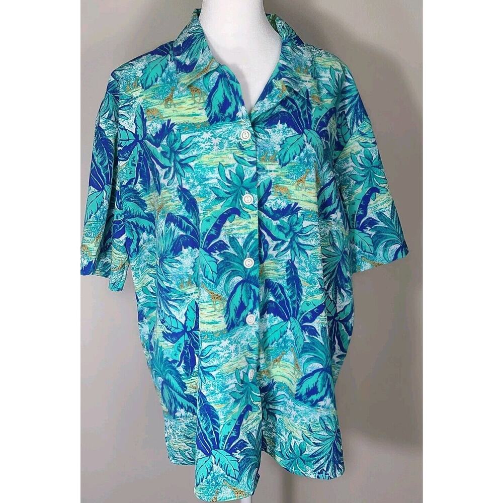 Nikki Polyester Jungle Button Up Sz XL Short‎ Sleeve Blue Giraffe
